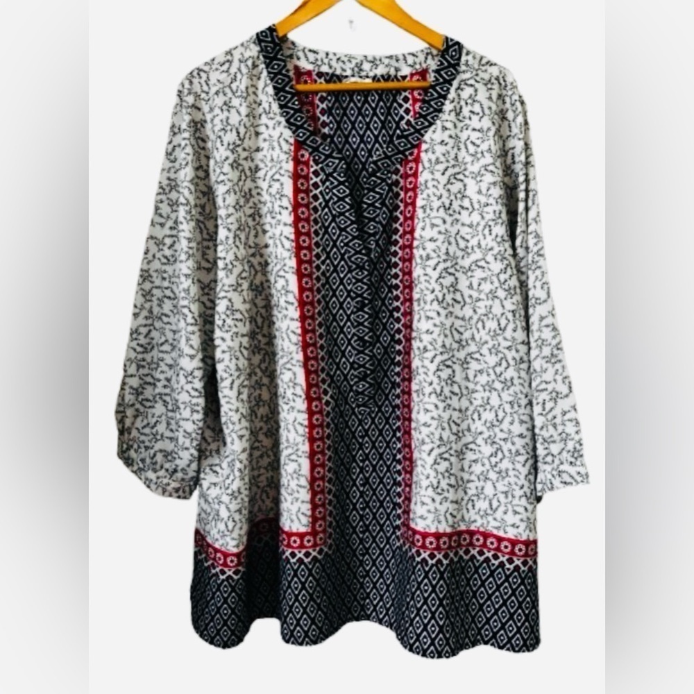 Antilia Femme rd wht blu prnt v nk 3/4 slv tunic SZ 5X preppy classic